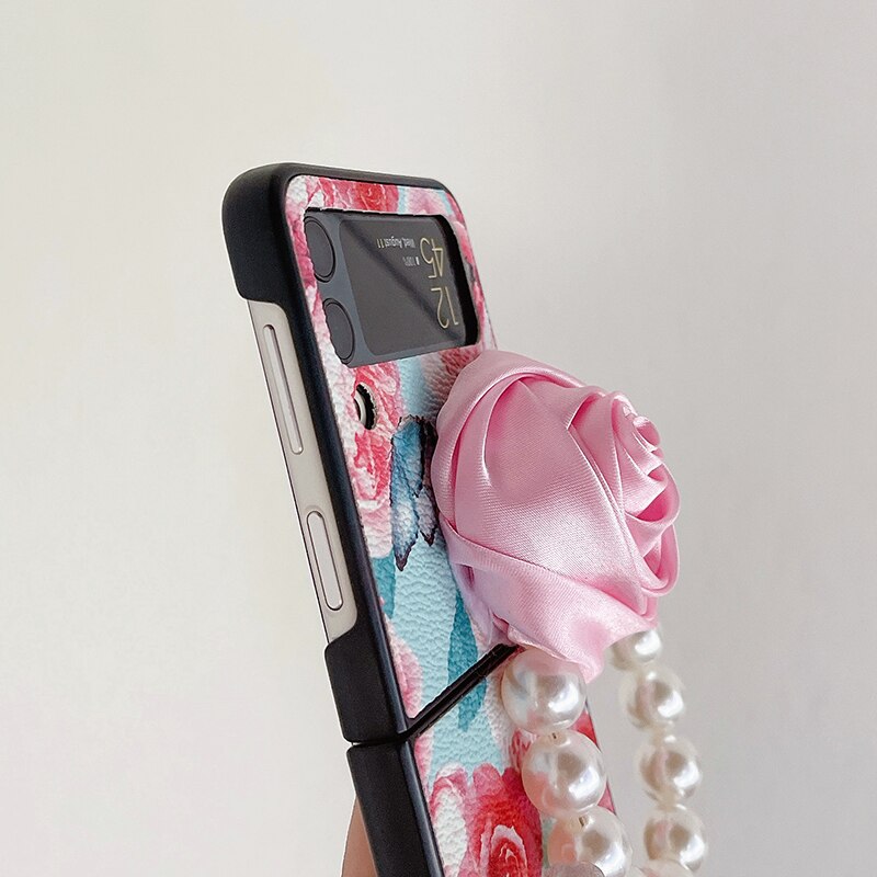 Elegant Leather Rose case with Pearl Bracelet For Samsung Galaxy Z Flip 4 - casetiphone