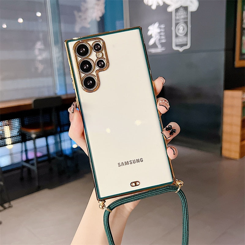 6D Plating Necklace Lanyard Strap Cord Phone Case For Samsung S22 Series - casetiphone