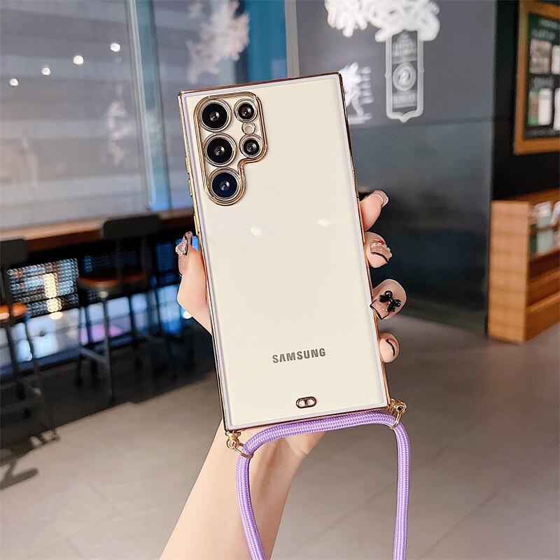 6D Plating Necklace Lanyard Strap Cord Phone Case For Samsung S22 Series - casetiphone