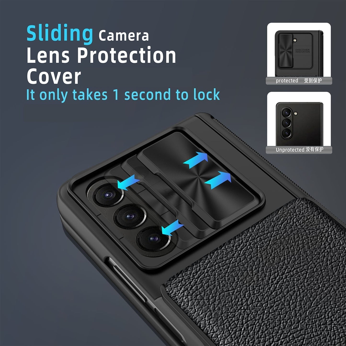 Slide Camera Cover with Leather Wallet For Samsung Galaxy Z Fold 5