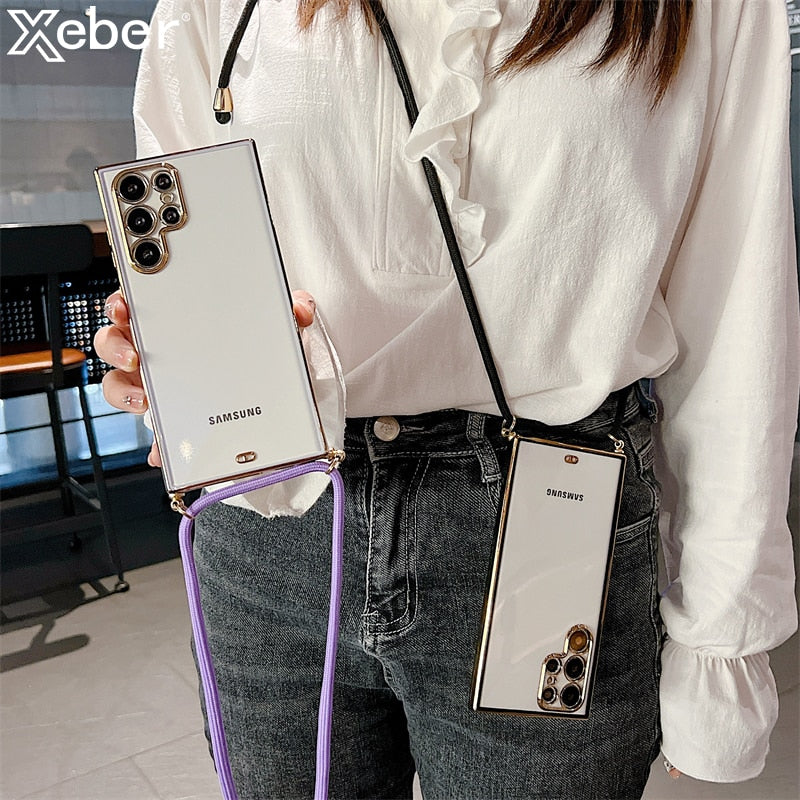 6D Plating Necklace Lanyard Strap Cord Phone Case For Samsung S22 Series - casetiphone