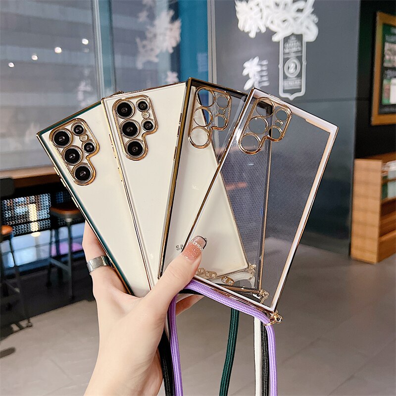 6D Plating Necklace Lanyard Strap Cord Phone Case For Samsung S22 Series - casetiphone