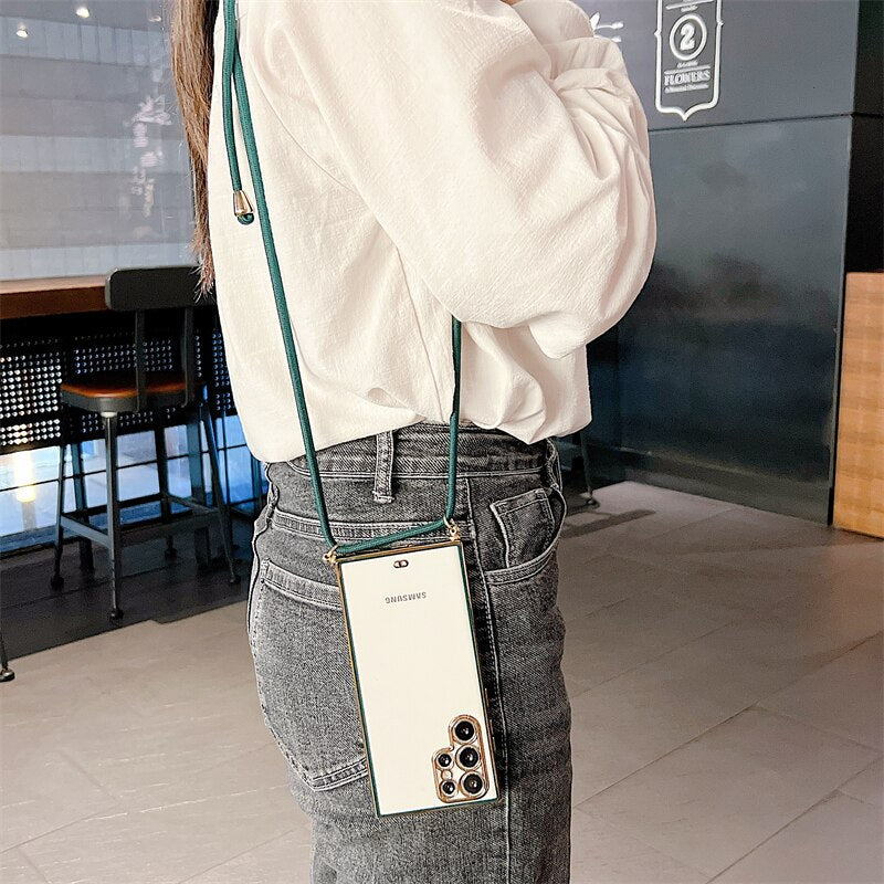 6D Plating Necklace Lanyard Strap Cord Phone Case For Samsung S22 Series - casetiphone
