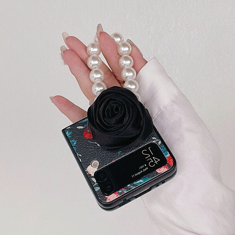 Elegant Leather Rose case with Pearl Bracelet For Samsung Galaxy Z Flip 4 - casetiphone