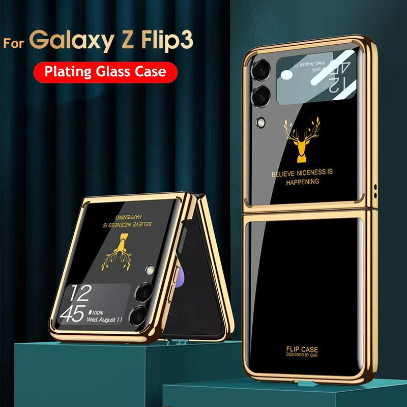 Luxury Deer Pattern Electroplating Tempered Glass Case For Samsung Z Flip 3 5G - casetiphone