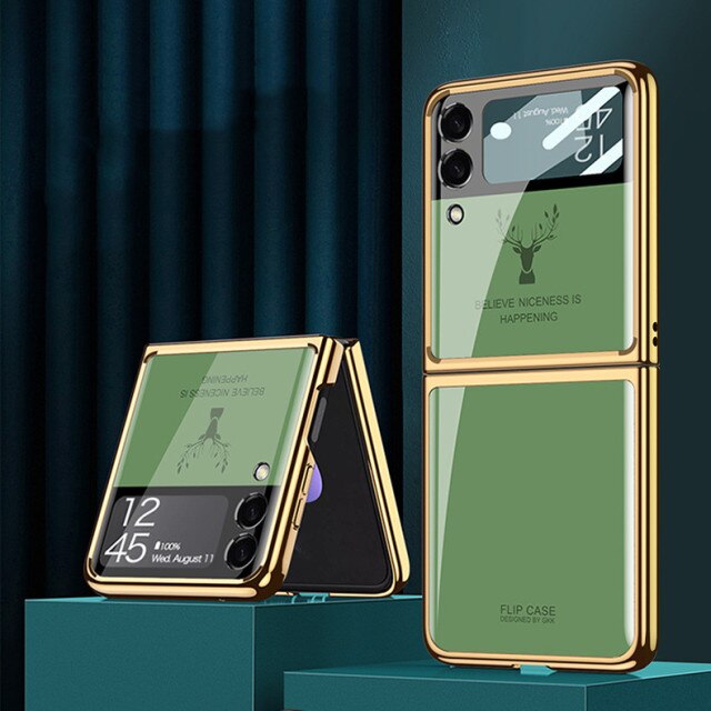 Luxury Deer Pattern Electroplating Tempered Glass Case For Samsung Z Flip 3 5G - casetiphone