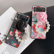 Elegant Leather Rose case with Pearl Bracelet For Samsung Galaxy Z Flip 4 - casetiphone