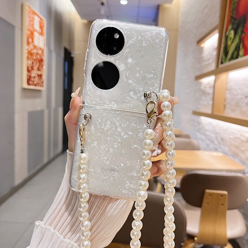 Fashion Pearl Long Chain Case With Lanyard Necklace Strap Conch Cameo Shell Pattern Case For Huawei P50 Pocket - casetiphone