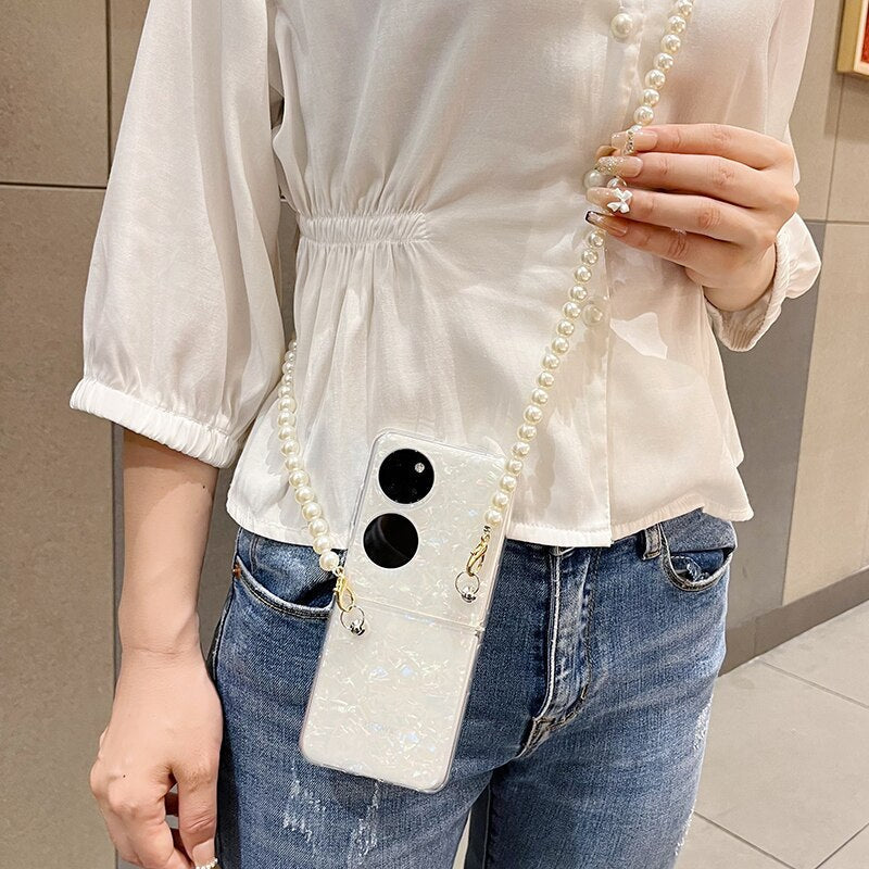 Fashion Pearl Long Chain Case With Lanyard Necklace Strap Conch Cameo Shell Pattern Case For Huawei P50 Pocket - casetiphone