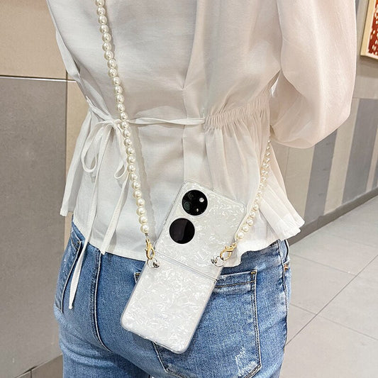 Fashion Pearl Long Chain Case With Lanyard Necklace Strap Conch Cameo Shell Pattern Case For Huawei P50 Pocket - casetiphone