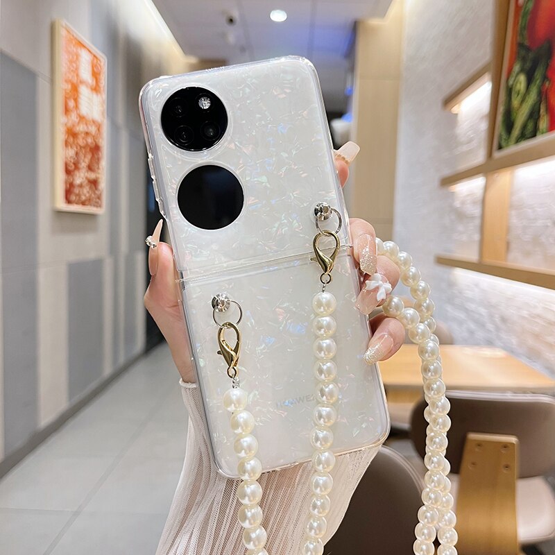Fashion Pearl Long Chain Case With Lanyard Necklace Strap Conch Cameo Shell Pattern Case For Huawei P50 Pocket - casetiphone