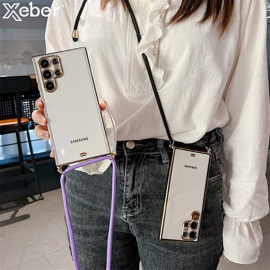 6D Plating Necklace Lanyard Strap Cord Phone Case For Samsung S22 Series - casetiphone