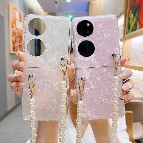 Fashion Pearl Long Chain Case With Lanyard Necklace Strap Conch Cameo Shell Pattern Case For Huawei P50 Pocket - casetiphone