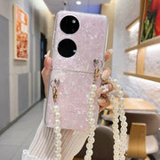 Fashion Pearl Long Chain Case With Lanyard Necklace Strap Conch Cameo Shell Pattern Case For Huawei P50 Pocket - casetiphone