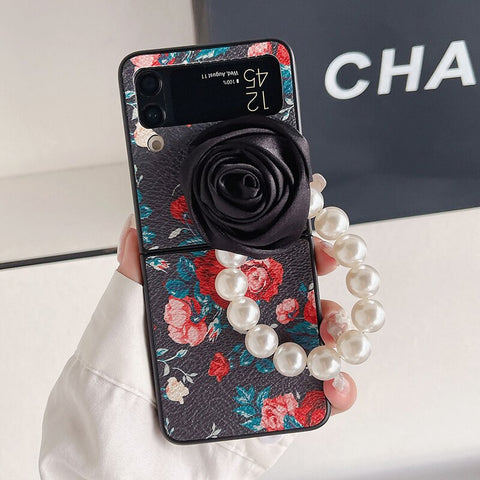 Elegant Leather Rose case with Pearl Bracelet For Samsung Galaxy Z Flip 4 - casetiphone