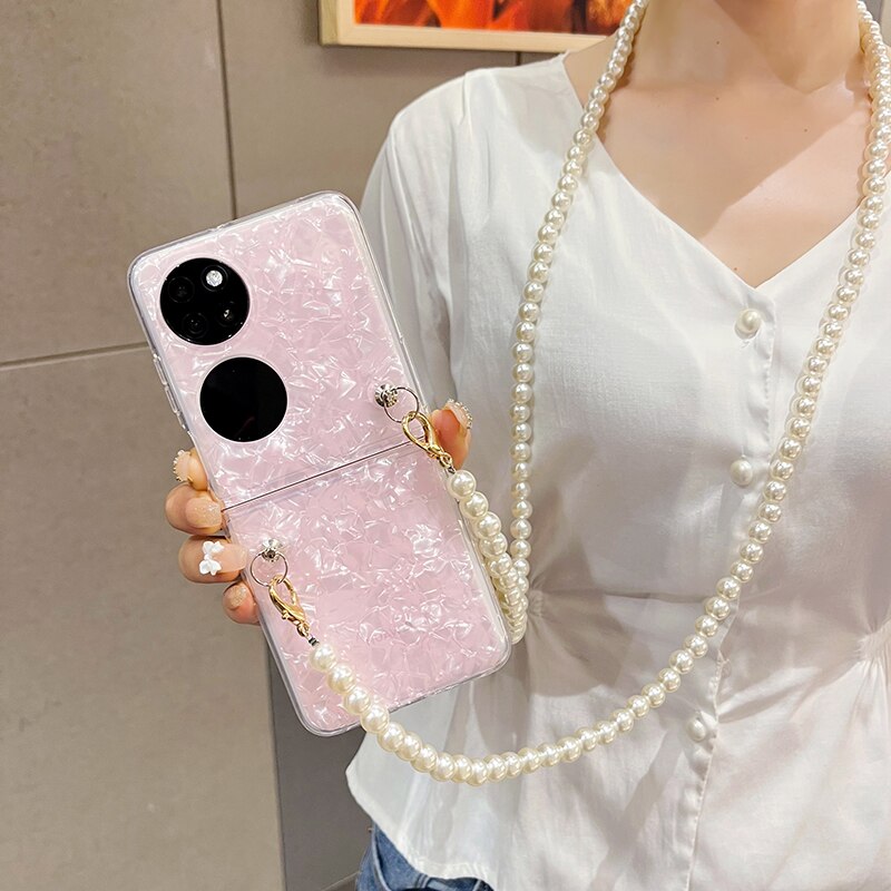 Fashion Pearl Long Chain Case With Lanyard Necklace Strap Conch Cameo Shell Pattern Case For Huawei P50 Pocket - casetiphone
