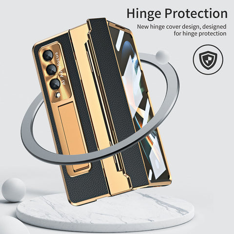Newest Shield Hinge Plain Leather All-inclusive Drop-Proof Phone Case For Samsung Galaxy Z Fold3 Fold4 5G - casetiphone